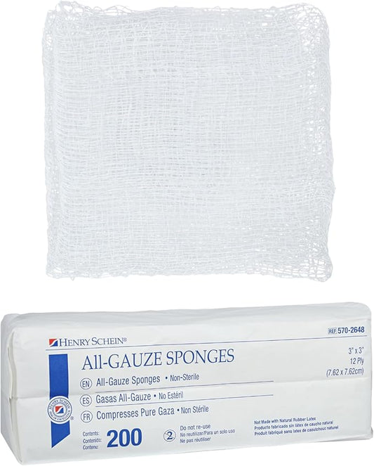 200/Pack Non-Sterile Gauze Pads 3’’ x 3’’ for Wound Dressing Gauze Sponge-Pads for Wound Care & Home First Aid Kits -12-Ply - 100% Cotton & Highly Absorbent