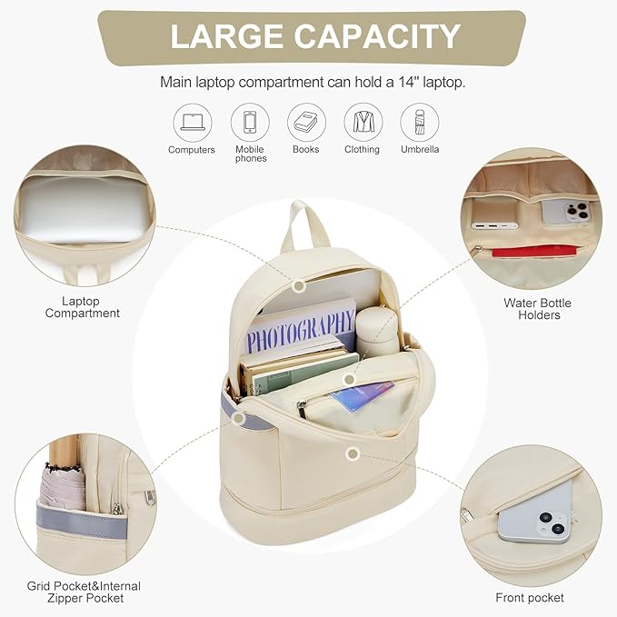 coofay Small Gym Backpack For Women Men Dance Sports Backpack With Shoe Compartment Waterproof Travel Backpack Small Gym Bag Beige