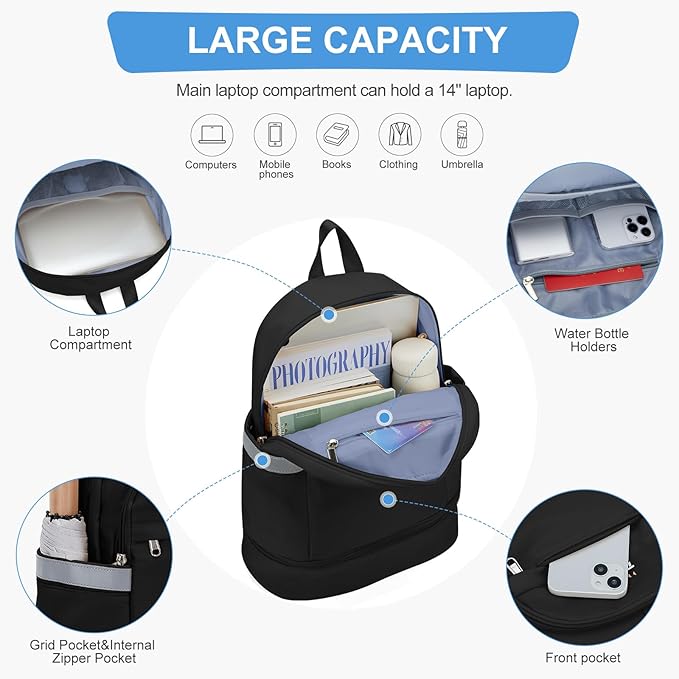coofay Small Gym Backpack For Women Men Black Travel Backpack With Shoe Compartment Waterproof Sports Backpacks Small Gym Bag for Women Dance Backpacks For Dancers