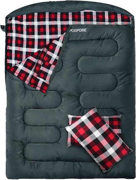 Double Sleeping Bag Flannel for Adults with 2 Pillows 2 Person Sleeping Bags Camping XXL Queen Size Two Person Sleeping Bag for Cold Weather
