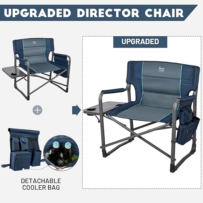 TIMBER RIDGE XXL Upgraded Oversized Directors Chairs with Foldable Side Table, Detachable Side Pocket, Heavy Duty Folding Camping Chair up to 600 Lbs Weight Capacity (Blue) Ideal Gift, 2 Pack