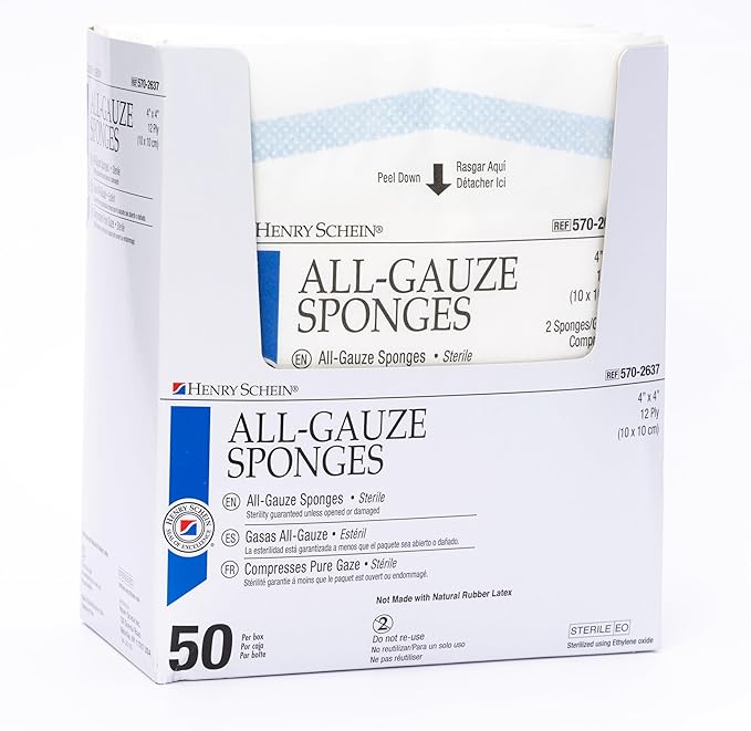 Premium 100% Cotton All-Gauze Sponge 4x4 12 Ply Sterile Square for Wound Care & Home First Aid Kits - 50/Box