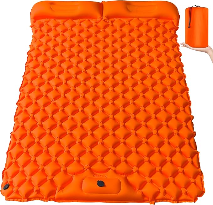 Self Inflating Sleeping Mat Ultralight Inflatable Sleeping Pad for Camping with Pillow Built-in Foot Pump Backpacking for Hiking Traveling Tent, Grey (Orange-Double)