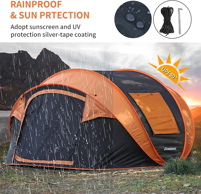 EchoSmile Camping Instant Pop Up Tent, 2/4/6/8/10 Person, Water Resistant Dome, Easy Setup for Camping Hiking and Outdoor, Portable with Carry Bag, 3 Season