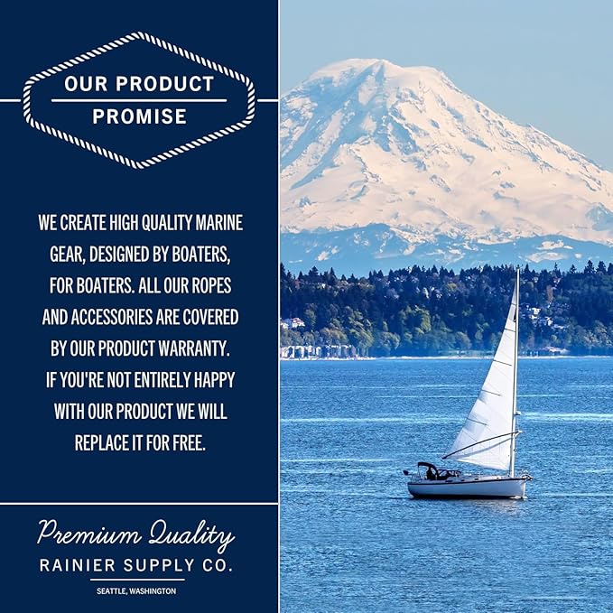 RainierSupplyCo Boat Anchor Rope - Double Braided Marine Rope Anchor Line - 50 ft x 1/4 Inch Nylon Boating Line with 316 Stainless Steel and Heavy Duty Marine Grade Bow Shackle - White/Gold