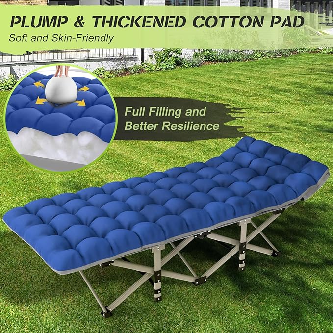 Suteck Camping Cot, Folding Camping Cot Bed for Adults Sleeping 1200D Double Layer Oxford Portable Folding Outdoor Cots for Camping W/Soft Pad Carry Bag for Home Office Nap Beach Travel, Stripe Blue
