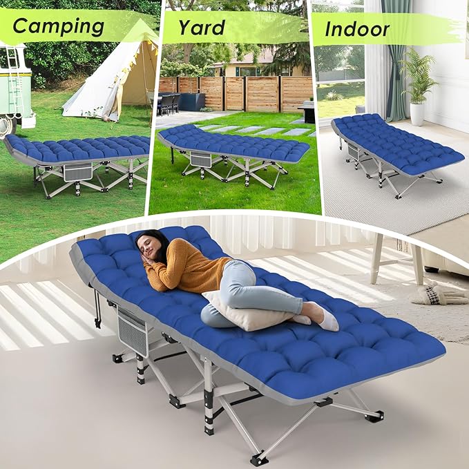 Suteck Camping Cot, Folding Camping Cot Bed for Adults Sleeping 1200D Double Layer Oxford Portable Folding Outdoor Cots for Camping W/Soft Pad Carry Bag for Home Office Nap Beach Travel, Stripe Blue