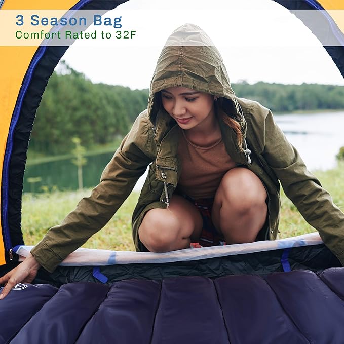 Sleeping Bag - 32F Comfort Rated 3-Season Envelope-Style Sleep Bag with Hood for Backpacking, Hiking, and Camping by Wakeman