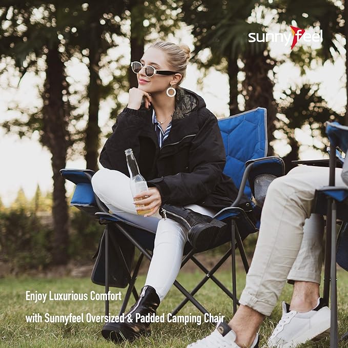 SUNNYFEEL Oversized Folding Camping Chair 500 LBS Heavy Duty Lawn Chairs with Blue Portable Folding with Armrest, Cup Holder, Pocket ＆Bag for Outdoor Camping/Beach/Travel/Picnic/Fishing