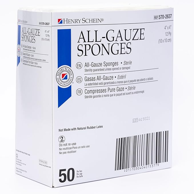 Premium 100% Cotton All-Gauze Sponge 4x4 12 Ply Sterile Square for Wound Care & Home First Aid Kits - 200/Box