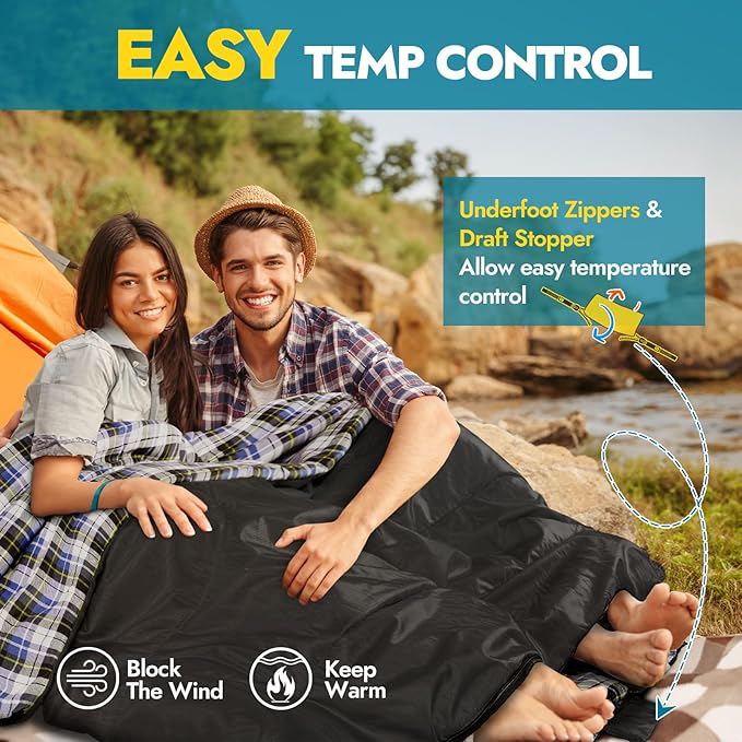 CANWAY Double Sleeping Bag Flannel for Adults Cold Weather Queen Size Two Person Sleeping Bags for Camping with 2 Pillows
